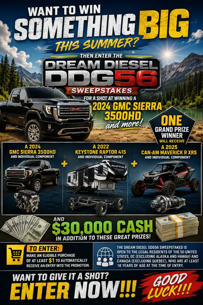 Enthuzst Dream Diesel DDG56 Sweepstakes – Win A 2024 GMC Sierra 3500HD, A 2022 Keystone Raptor 415 & More