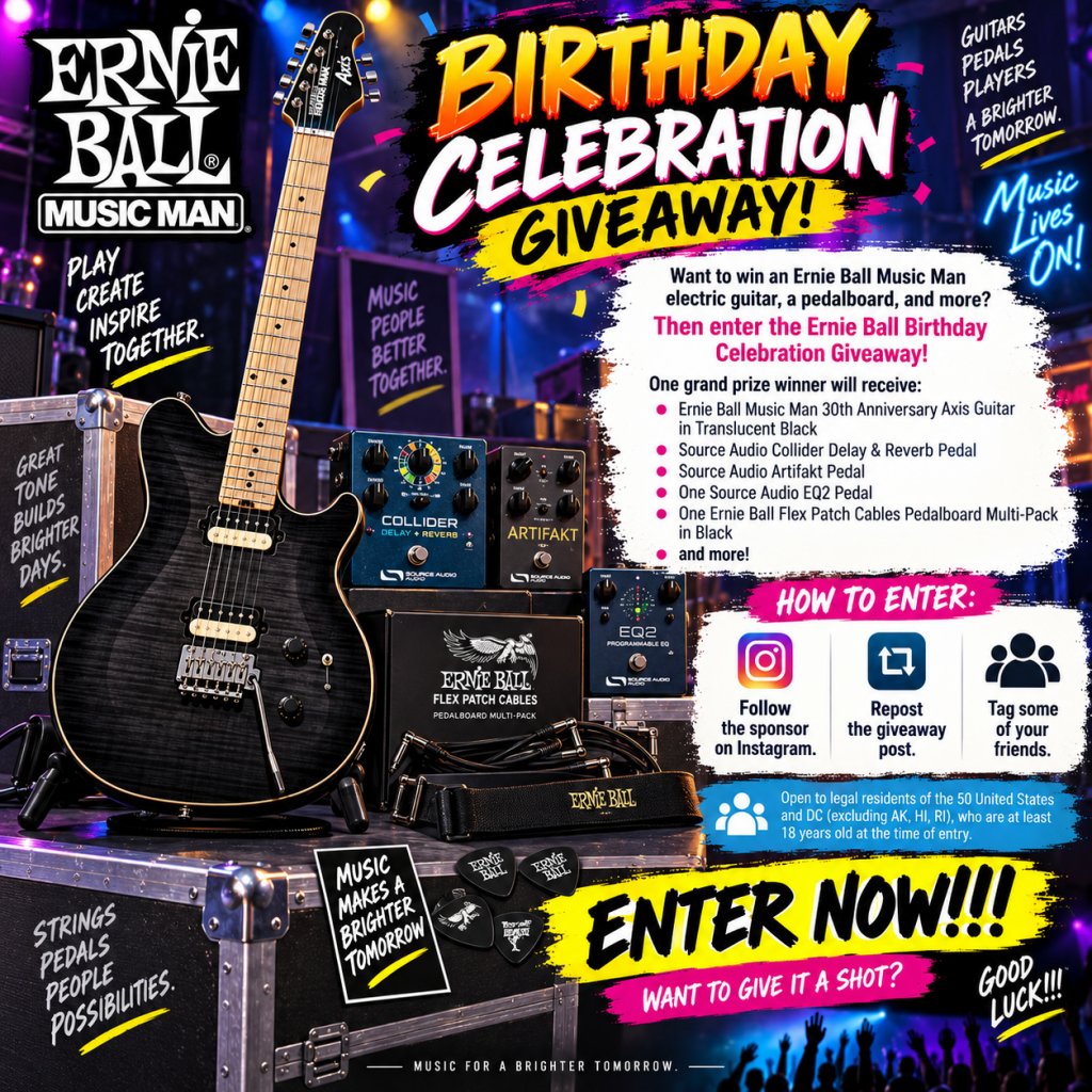 Ernie Ball Birthday Celebration Giveaway – Win An Ernie Ball Music Man Electric Guitar, A Pedalboard + More