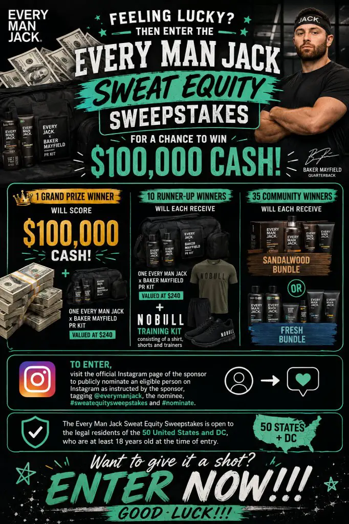 Every Man Jack Sweat Equity Sweepstakes – Win $100,000 Cash & More (511 Winners)