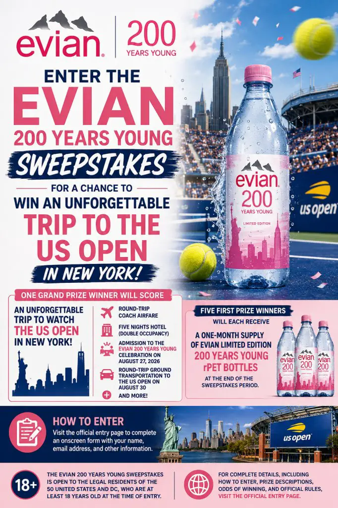 Evian 200 Years Young Sweepstakes – Win A Trip A Trip For 2 To The US Open In New York & More (6 Winners)