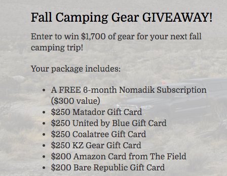Fall Camping Gear Giveaway Sweepstakes