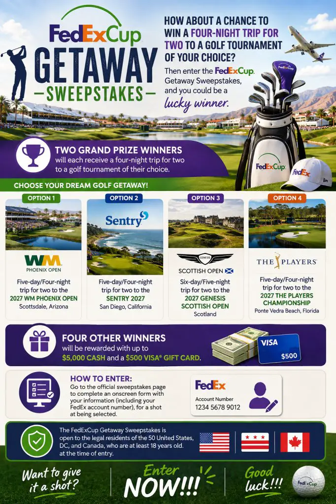 FedExCup Getaway Sweepstakes – Win A 4-Night Trip For 2 To A Golf Tournament Of Your Choice & More (6 Winners)
