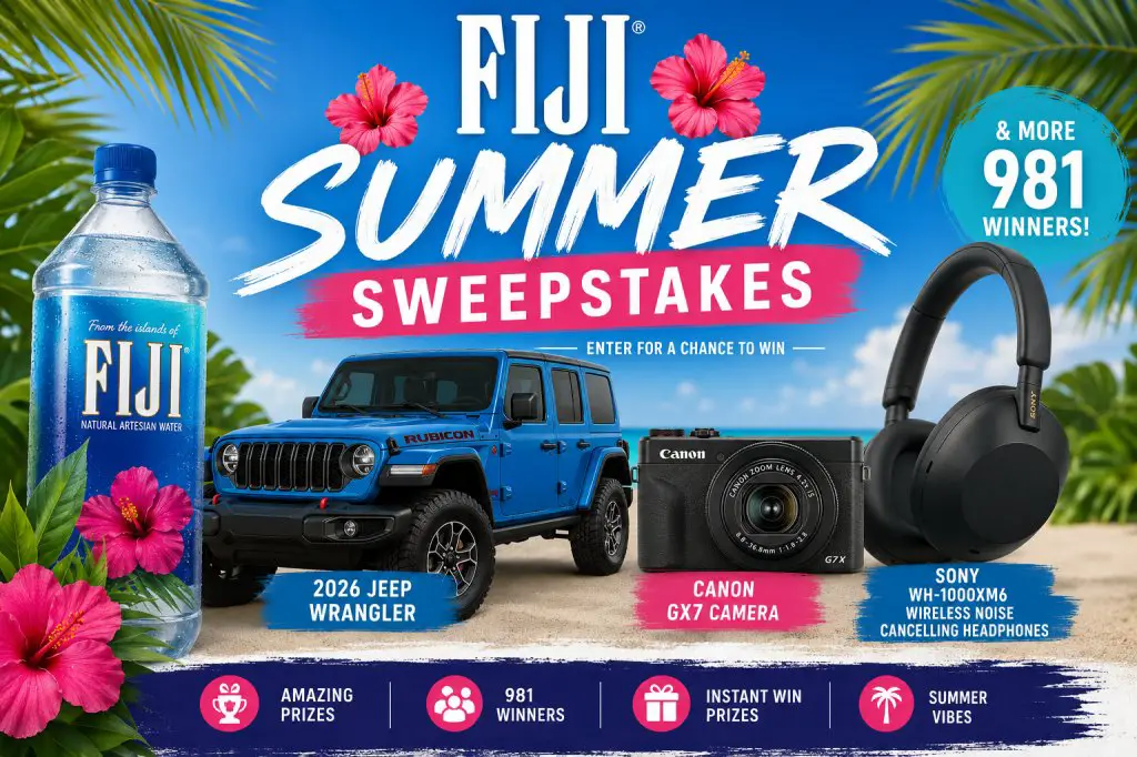 FIJI Summer Sweepstakes – Win A 2026 Jeep Wrangler, A Canon GX7 Camera, Sony WH-1000XM6 Wireless Noise Cancelling Headphones & More (981 Winners)