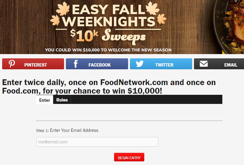 Food Network Easy Fall Week Nights $10,000 Sweepstakes - Win $10,000 Cash