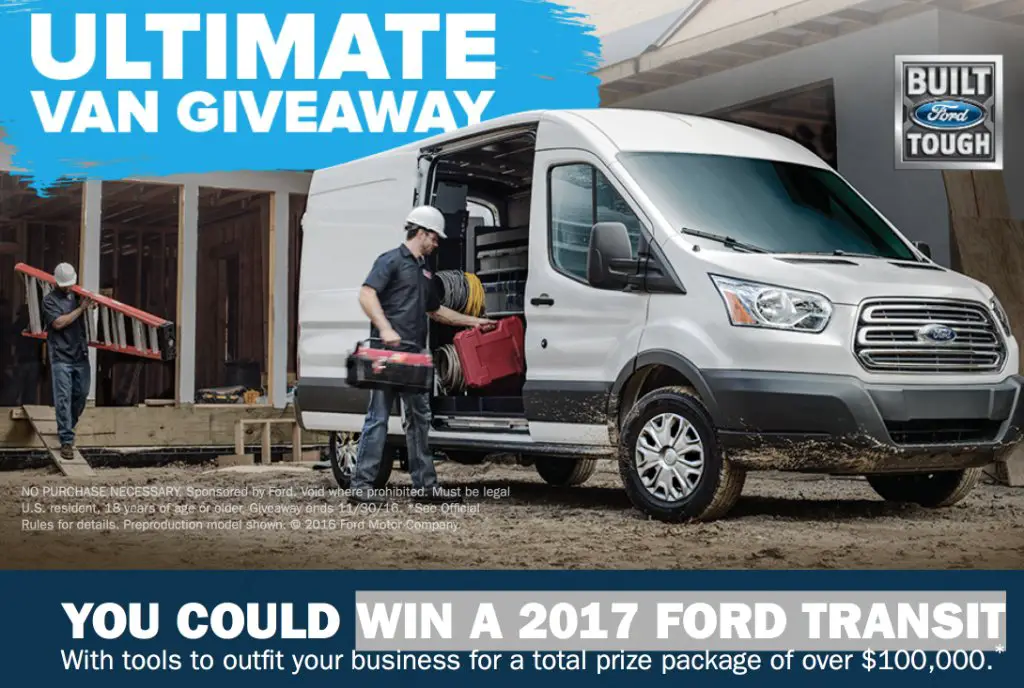 Ford has a 2017 FORD Transit worth $100,000 and 140 more prizes. Don´t miss the Ultimate Van Giveaway.