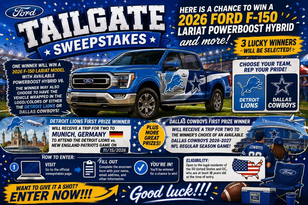 Dallas Cowboys Ford Tailgate Sweepstakes – Win A 2026 Ford F-150 Lariat PowerBoost Hybrid & More (3 Winners)