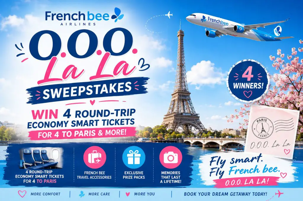 French Bee Airlines O.O.O. La La Sweepstakes – Win 4 Round-Trip Economy Smart Tickets For 4 To Paris & More (4 Winners)