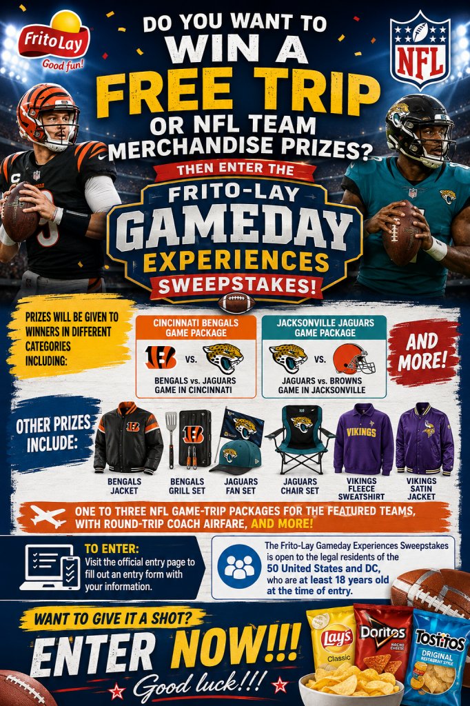 Frito-Lay Gameday Experiences Sweepstakes – Win Trip, Free Game Tickets, NFL Team Merchandise Prizes & More