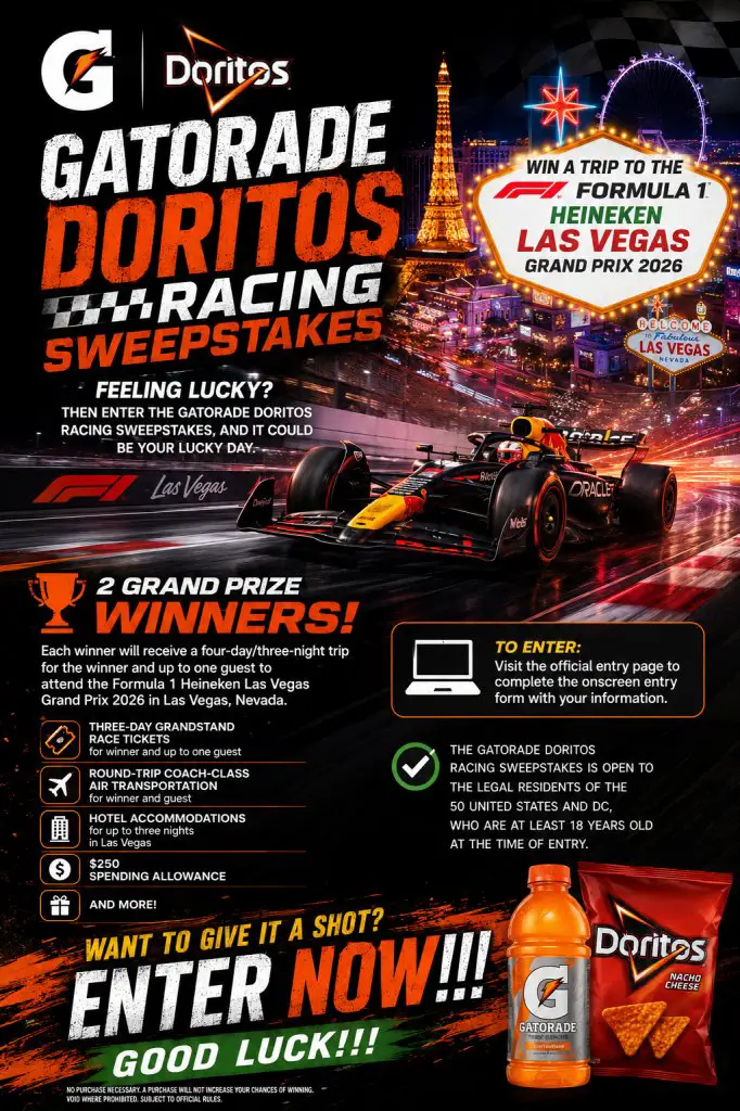 Gatorade Doritos Racing Sweepstakes – Win A 3-Night Trip For 2 To Attend The Formula 1 Heineken Las Vegas Grand Prix 2026 In Las Vegas