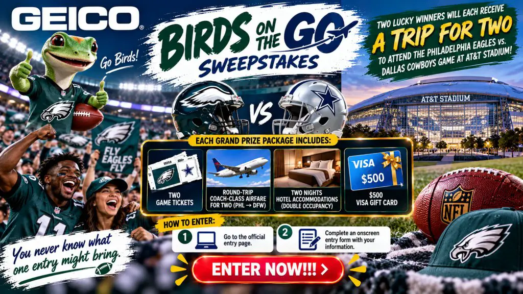 GEICO Birds On The Go Sweepstakes – Win A Trip For 2 To The Philadelphia Eagles Vs. Dallas Cowboys Game