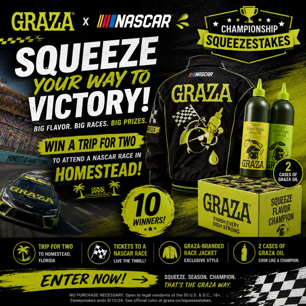 Graza x NASCAR Championship Squeezestakes – Win A Trip For Two To Attend A NASCAR Race In Homestead, Graza-Branded Race Jacket & More (10 Winners)
