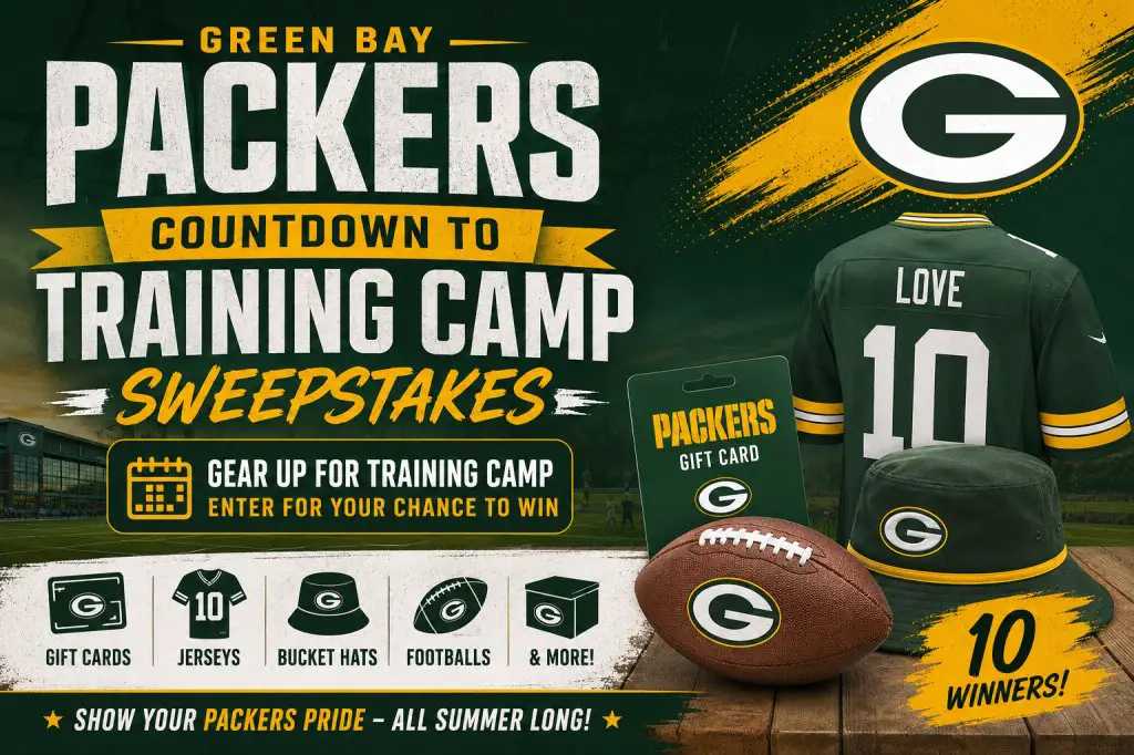 Green Bay Packers Countdown To Training Camp Sweepstakes – Win Green Bay Packers Gift Cards, Jerseys, Bucket Hats, Footballs & More (10 Winners)