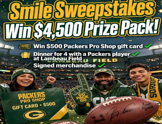 Green Bay Packers Smile Sweepstakes - Win a $500 Gift Card, Dinner for 4 & More