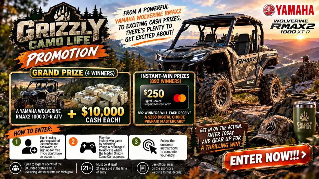 Grizzly Camo Life Promotion – Score A Yamaha Wolverine RMAX2 ATV, $10,000 Cash & More (896 Winners)