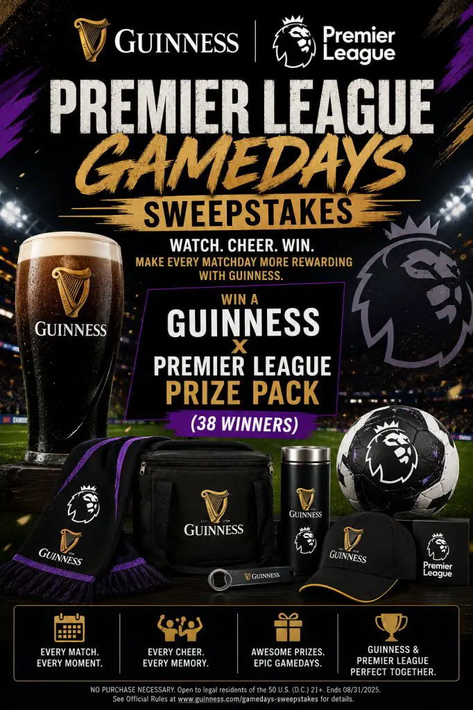 Guinness Premier League Gamedays Sweepstakes – Win A Guinness X Premier League Prize Pack (38 Winners)