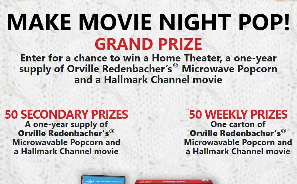 Hallmark Channel Snack Watch And Win Sweepstakes - Win A Home Theater, Free Popcorn For A Year & A Movie