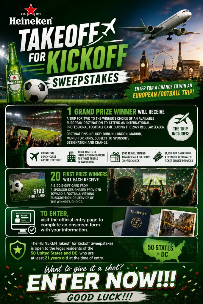 HEINEKEN Takeoff for Kickoff Sweepstakes – Win An European Football Trip & More (21 Winners)
