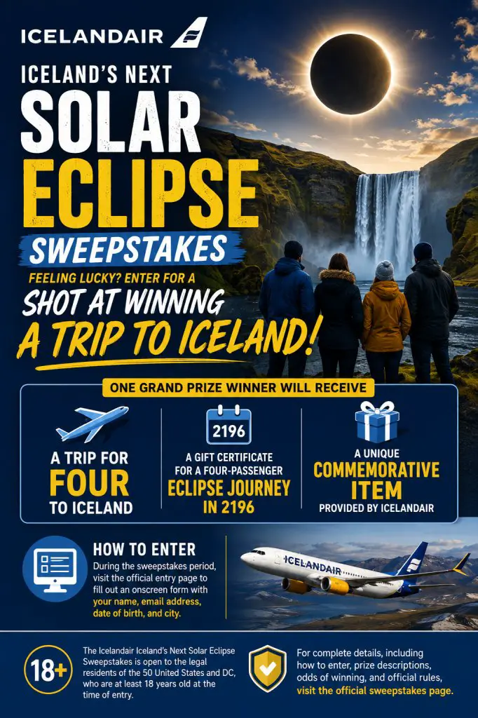 Icelandair Iceland’s Next Solar Eclipse Sweepstakes – Win A Trip To Iceland & More