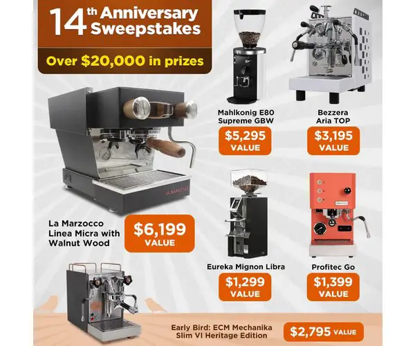 iDrinkCoffee 2023 Annual Anniversary Sweepstakes - Win an Espresso Machine or Coffee Grinder