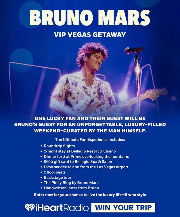 IHeartRadio Bruno Mars VIP Vegas Experience Sweepstakes - Win A Trip To Las Vegas For The Bruno Mars Concert