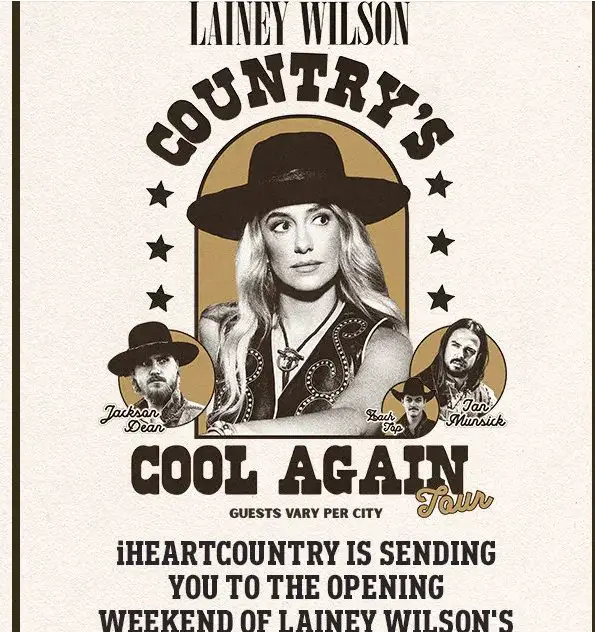 iHeartRadio iHeartCountry Lainey Wilson Country’s Cool Again Sweepstakes – Win A Trip For 2 To See Lainey WilsonLive In Concert