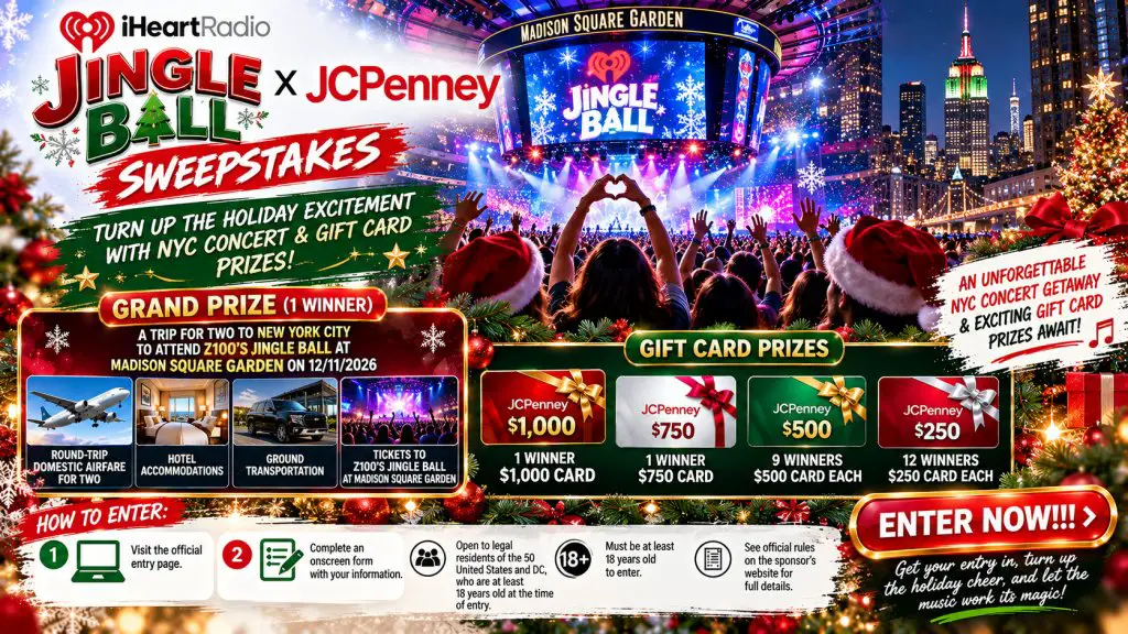 iHeartRadio Jingle Ball X JCPenney Sweepstakes – Win An Electrifying NYC Concert Getaway & Gift Cards (27 Winners)