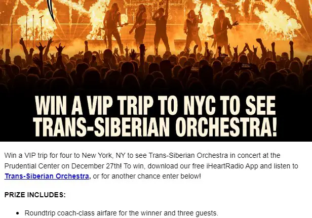 iHeartRadio's TSO in NYC Sweepstakes - Win A VIP Trip For 4 To NYC To See Trans-Siberian Orchestra