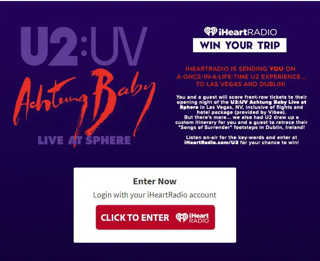 iHeartRadio U2 National Flyaway Online Sweepstakes – Win A VIP Trip For 2 To Las Vegas