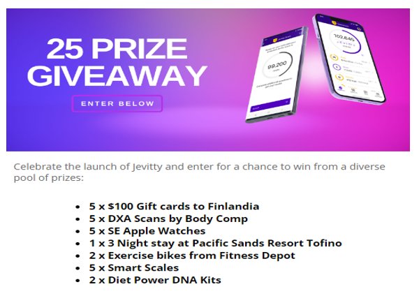 Jevitty Launch Contest - UP FOR GRABS: $100 Gift Cards, Apple Watches, Exercise Bikes And More