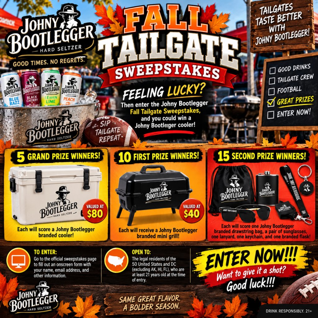 Johny Bootlegger Fall Tailgate Sweepstakes – Win A Johny Bootlegger Cooler & More (30 Winners)