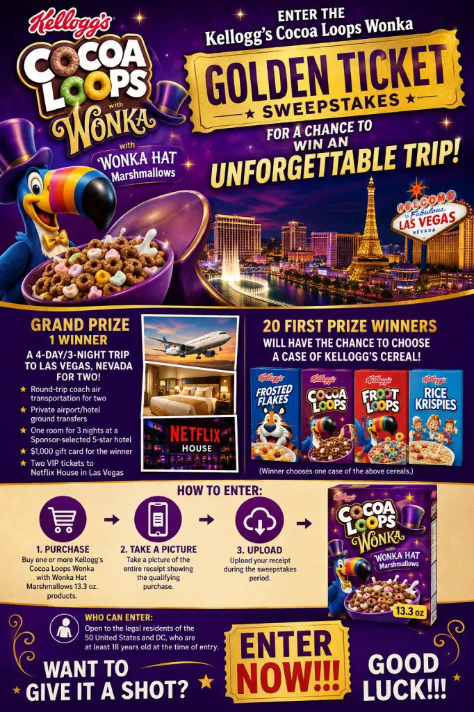 Kellogg’s Cocoa Loops Wonka Golden Ticket Sweepstakes – Win A 3-Night Trip To Las Vegas + More (21 Winners)