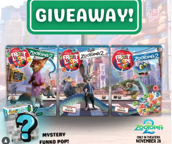 Kelloggs Follow the Pawprints Sweepstakes - Win Zootopia boxes of Froot Loops + Funko Pop figure.