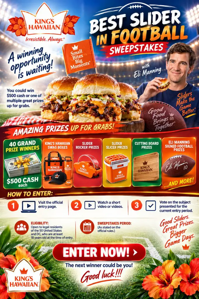 KING’S HAWAIIAN Best Slider In Football Sweepstakes – Win $500 Cash, KING’S HAWAIIAN branded Swag Box & More (1,627 Winners)