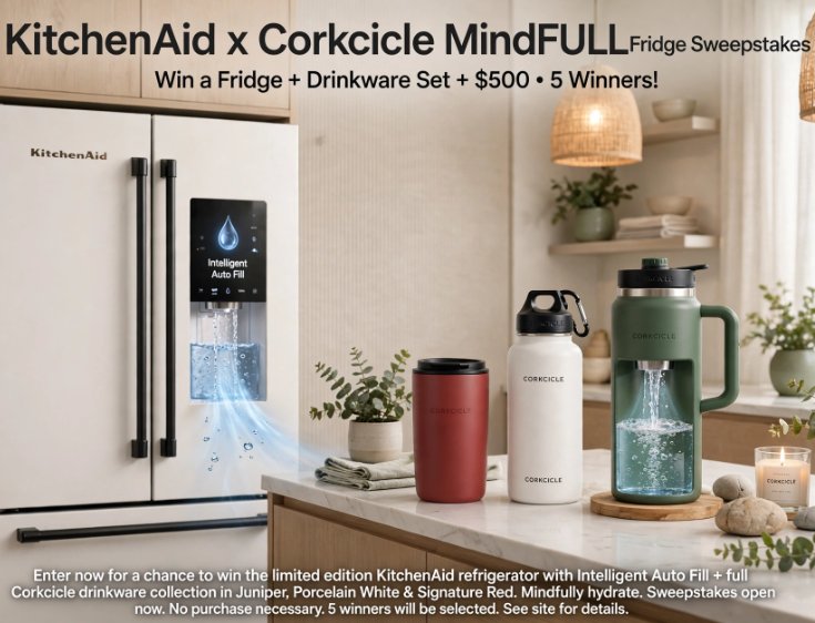 KitchenAid x Corkcicle MindFULLness Fridge Sweepstakes – Win a Fridge, $500 Cash & More