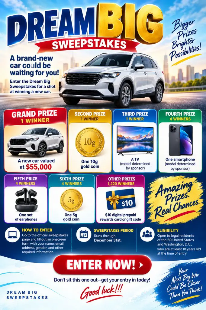 LAXMI Dream Big Sweepstakes – Win A New Car & More (1,235 Winners)