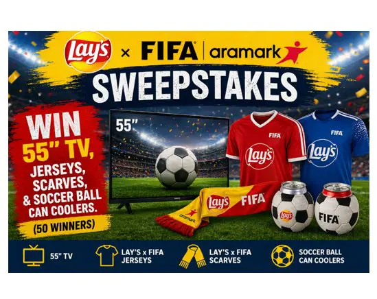 Lay’s x FIFA Aramark Sweepstakes -  Win 55″ TV, Jerseys, Scarves, & Soccer Ball Can Coolers