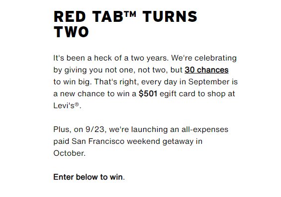 Levi's Red Tab Anniversary Sweepstakes - Win A Trip To San Francisco Or A $501 Levi's eGift Card