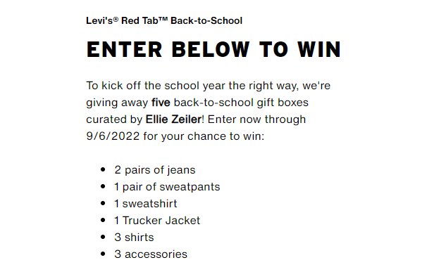Levi's Red Tab Back To School Sweepstakes - Win 1 of 5 Levi's Back To School Packs