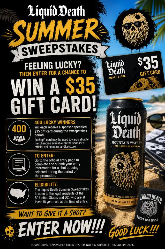 Liquid Death Summer Sweepstakes – Win a $35 Gift Card (400 Winners)