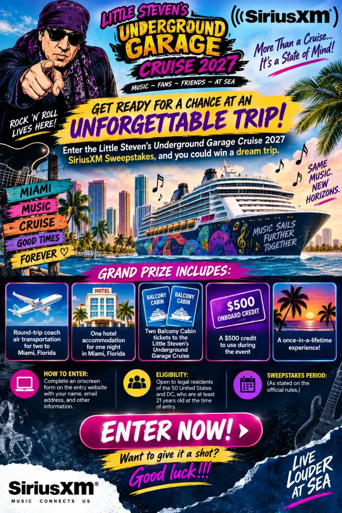 Little Steven’s Underground Garage Cruise 2027 SiriusXM Sweepstakes – Win A Trip For 2 To Miami