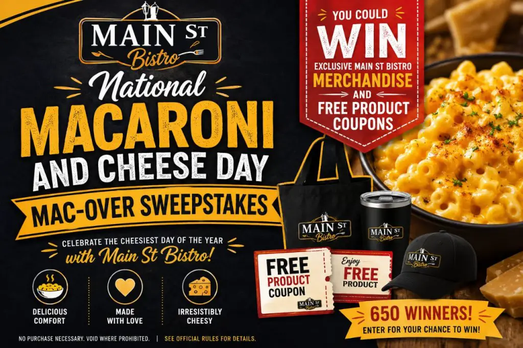 Main St Bistro National Macaroni And Cheese Day Mac-Over Sweepstakes - Win Exclusive Main St Bistro Merchandise And Free Product Coupons (650 Winners)