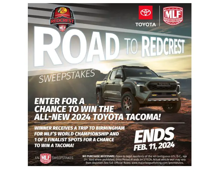 Major League Fishing 2024 Toyota Road to REDCREST Sweepstakes - Win A 2024 Toyota Tacoma & More
