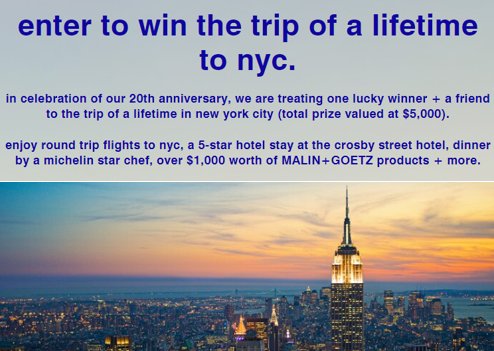 Malin + Goetz 20th Anniversary Sweepstakes – Win A Trip For 2 To New York City