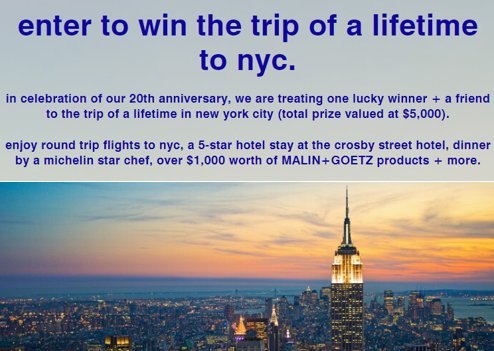 Malin + Goetz 20th Anniversary Sweepstakes – Win A Trip For 2 To New York City