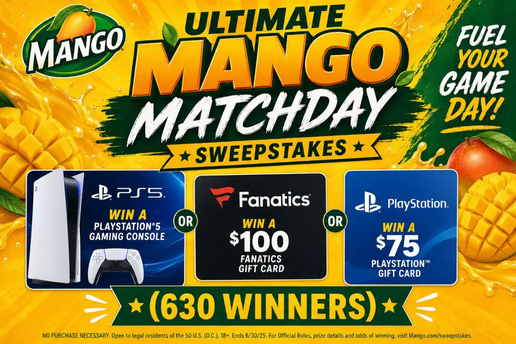 Mango Ultimate Mango Matchday Sweepstakes – Win A PlayStation 5 Gaming Console Or A $100 Fanatics Gift Card Or A $75 PlayStation Gift Card (630 Winners)