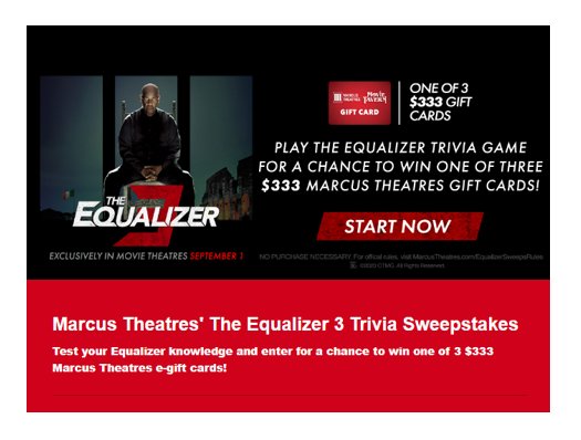 Marcus Theatres The Equalizer 3 Movie Trivia Sweepstakes – Win A $333 Electronic Marcus Theatres Gift Card (3 Winners)
