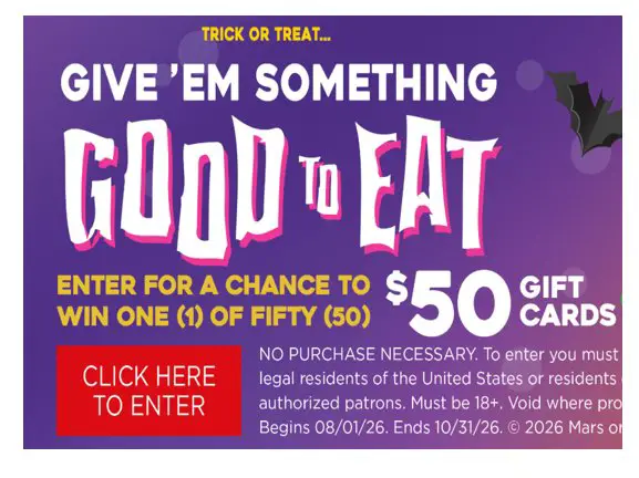 Mars Snacking Military Halloween Sweepstakes – Win a $50 Gift Card (50 Winners)