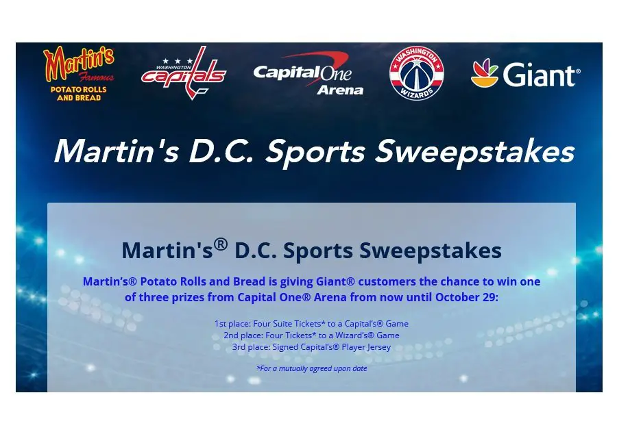 Martin’s D.C. Sports Sweepstakes - Win Sports Game Tickets or a Signed Capitals Jersey (Limited States)