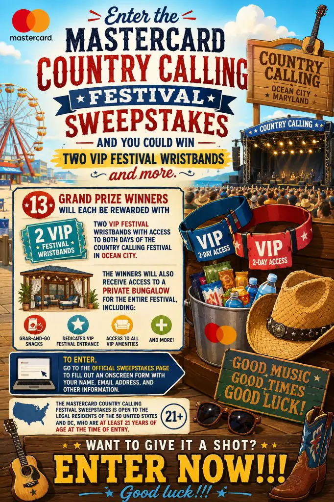 Mastercard Country Calling Festival Sweepstakes – Win 2 VIP Festival Wristbands, Private Bungalow Access (13 Winners)