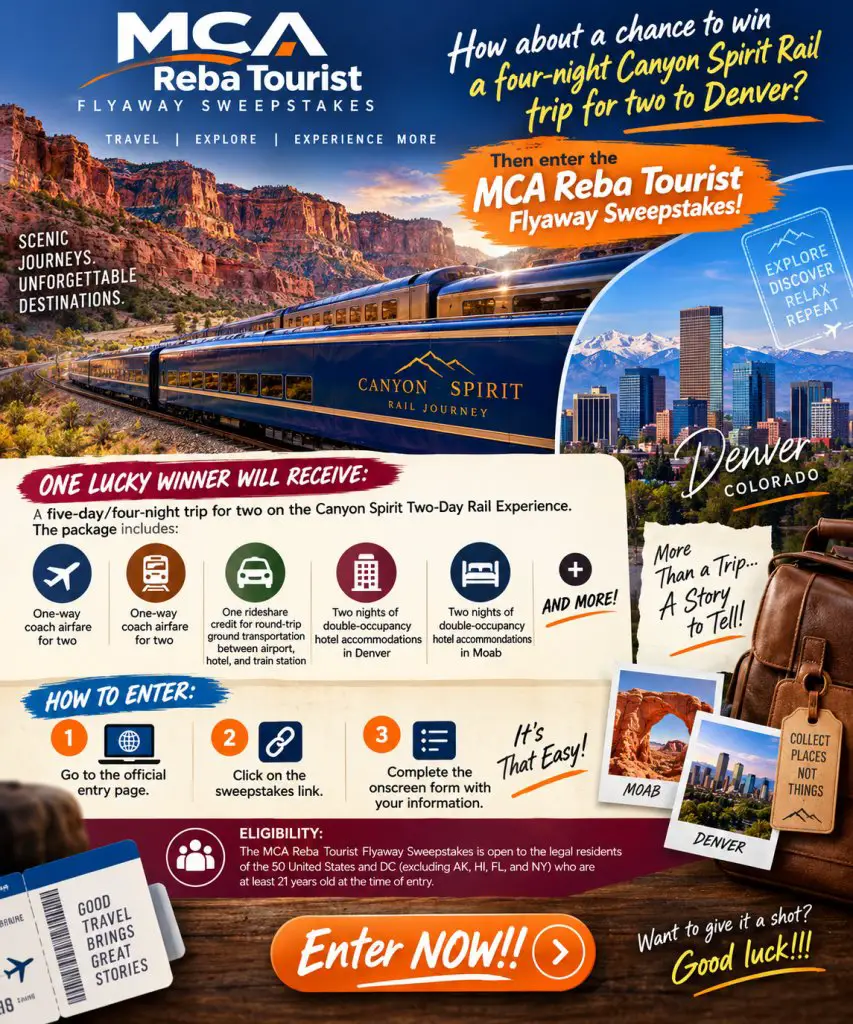 MCA Reba Tourist Flyaway Sweepstakes – Win A 4-Night Canyon Spirit Rail Trip For 2 To Denver